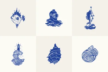 Fototapeten Weiß Collection of ocean and sea-themed vector illustrations. Includes waves, marine animals, shells, boats, and underwater elements. Perfect for summer designs and nature projects.  © KozyPlace