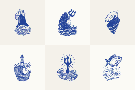Collection of ocean and sea-themed vector illustrations. Includes waves, marine animals, shells, boats, and underwater elements. Perfect for summer designs and nature projects.
