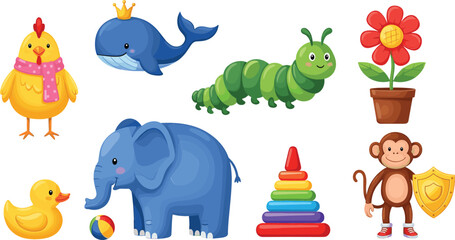Naklejka premium Cute cartoon animals and toys set with elephant caterpillar whale duck monkey and stacking rings colorful vector illustration isolated on white background