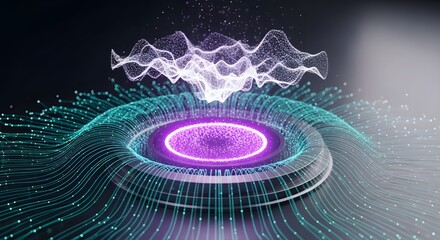 Obraz premium Neural network interface and synaptic data transmission system. Artificial intelligence and deep learning. Particle wave clouds floating above a glowing circular processing unit