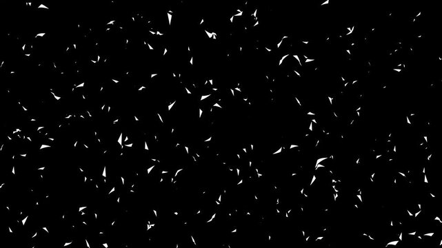 White color confetti rain animation with paper pieces floating and spinning on black background, seamless loop festive overlay for celebration, carnival, and party video projects