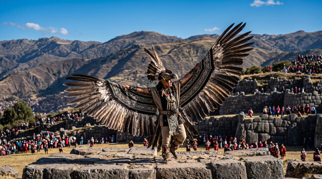Condor Dancer with Massive Feather Wings Performing at Inti Raymi Festival, Sacsayhuaman, Peru