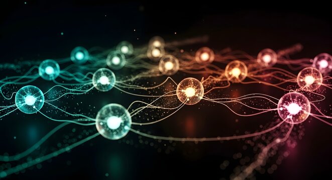 Global neural network and interconnected social data nodes. Digital communication and blockchain technology. Glowing spheres connected by light filaments in a dark virtual space