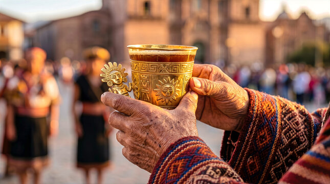 Inca High Priest Offering Chicha from a Golden Kero Cup During Inti Raymi, Cusco