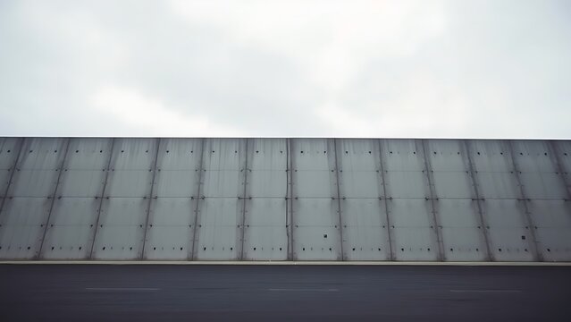 subjugating. A massive, cold concrete wall extending forward under an overcast sky. real-estate listings, architecture portfolios, designed for real-estate listing and luxury residence showcases.
