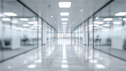 Fototapeta premium Blurred office hallway with glass walls and neutral colors creates a sense of space. Professional photos for backgrounds for text, banners, posters, and web displays. High quality