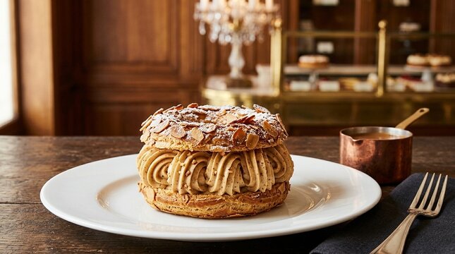 From Patisserie Pastry A Grand Hotel A Perfect Paris-brest Individual Portion On A White Plate