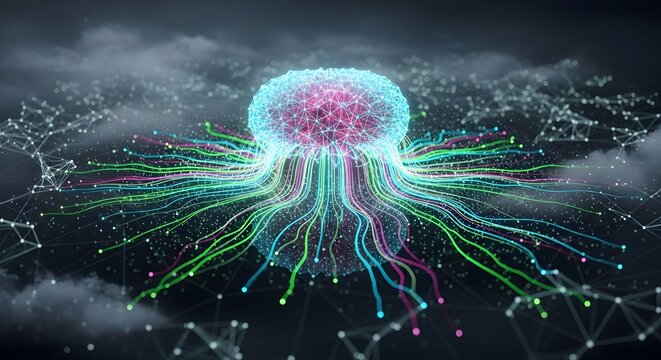 Cloud computing and centralized data storage infrastructure. Network server and information flow. Glowing digital hub emitting colorful data streams over a dark foggy surface.