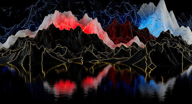 Surreal illuminated mountain range with reflective water and golden outlines, digital art