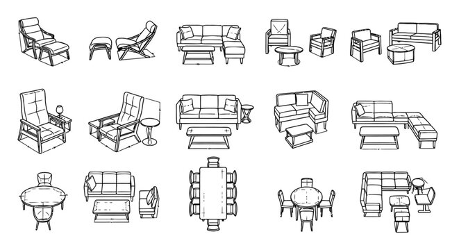 Comprehensive Architectural Furniture Library with Autocad 2D Blocks, Sofa and Couch Sets, Dining Tables, and Lounge Chairs for Professional Interior Design Floor Plans.