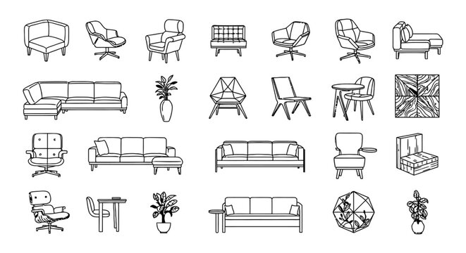 Set of architectural furniture CAD blocks featuring sofa and couch icons, armchairs, and potted plants for interior design, floor plans, and technical blueprint planning.
