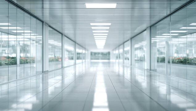 Blurred office hallway with glass walls and neutral colors creates a sense of space. Professional photos for backgrounds for text, banners, posters, and web displays. High quality