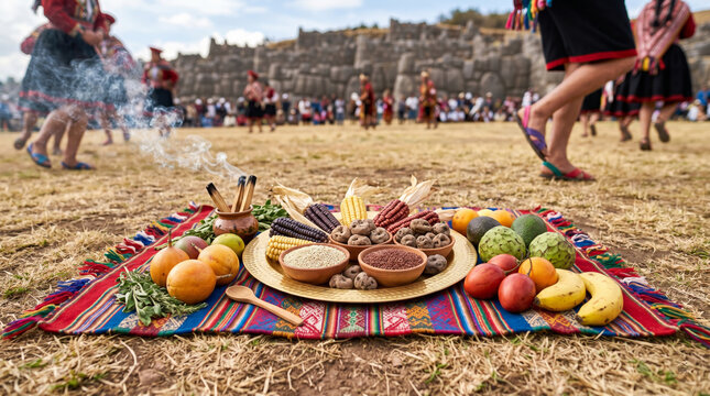 Traditional Inca Offering of Maize and Grains on Woven Manta during Inti Raymi Festival, Cusco