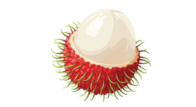 Exotic tropical rambutan fruit with its distinctive hairy red skin partially peeled to reveal sweet white flesh.