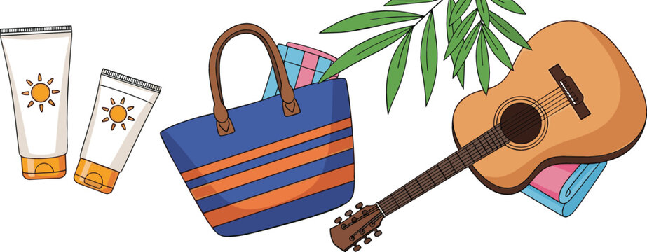 Summer travel set with beach bag sunscreen guitar tropical leaves and towel cartoon vector illustration isolated on white background for vacation design