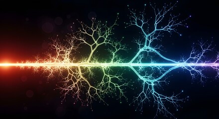 Fototapeta premium Rainbow fractal neural network and artificial intelligence growth. Deep learning and algorithmic connectivity. Digital tree branches glowing with vibrant spectrum data on black background