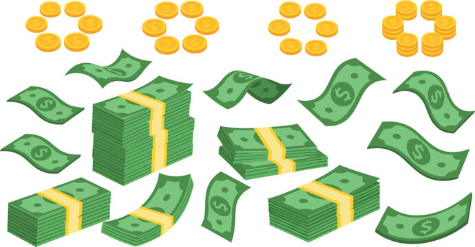 Vector Set of Money Stacks, Flying Cash, and Coins Illustrations for Finance, Business, and Wealth Design Projects