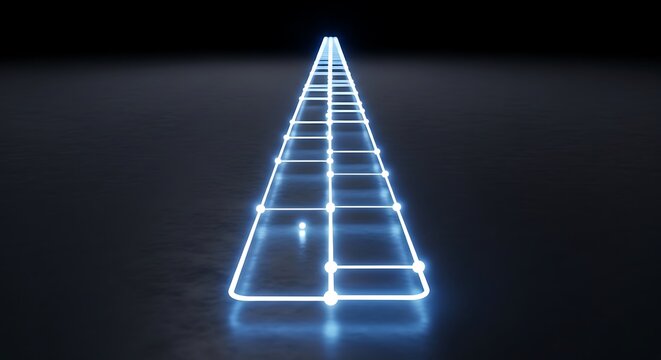 A glowing blue neon pyramid-shaped structure stands alone in a dark room with a reflective surface