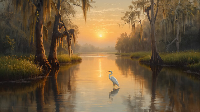 Cinematic wide banner of a great egret standing in a louisiana bayou cypress swamp at sunrise. Southern wetland landscape with water reflection and copy space