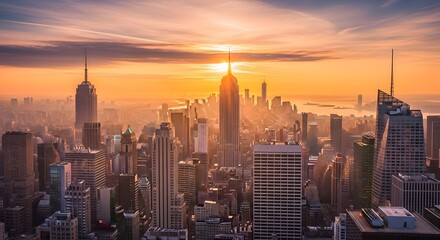 Obraz premium Golden Hour Skyline Over Sunset City Creating Dramatic Urban View.