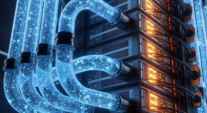 Advanced server rack liquid cooling system with neon glow. Supercomputer hardware and cryptocurrency mining rig. Glowing blue pipes connected to glowing orange server modules in a dark room