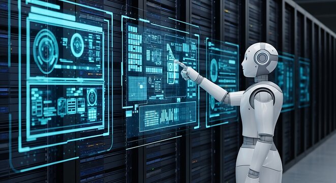 Robot Interacting with Data Servers - AI and Technology Integration.