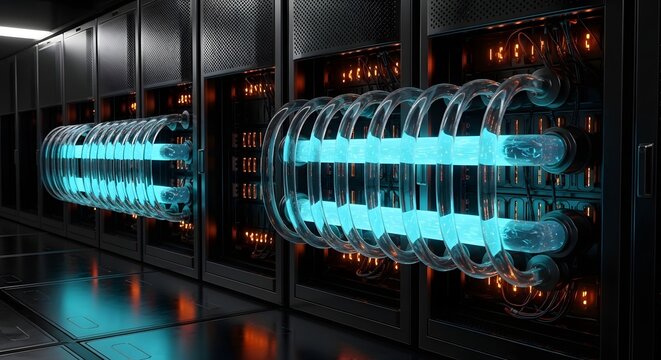 Advanced liquid cooling system in modern data center. Server hardware thermal management. Glowing coolant circulating through glass pipes in a high performance computing facility