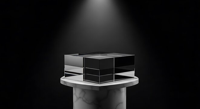 A sleek black cube-shaped object sits atop a marble pedestal under a spotlight in a dark room