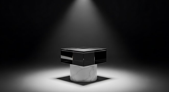 A black and white image of a cube shaped object on a pedestal lit by a spotlight in a dark room