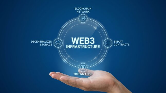 Web3 infrastructure concept with hand holding blockchain network