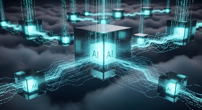 Centralized artificial intelligence core and digital data hub. Information flow and cloud storage connectivity. Glowing AI blocks emitting vertical light beams in a virtual environment