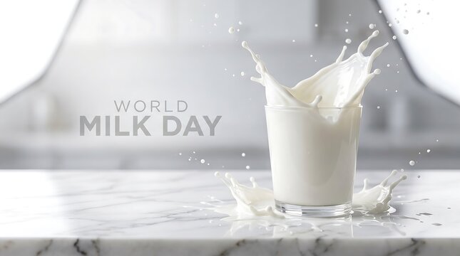 A glass of milk sits on a marble countertop with milk splashing out of it in celebration of World Milk Day