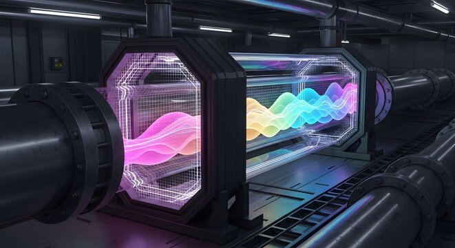 Advanced quantum computing lab with colorful energy waves. Particle acceleration and subatomic research. Glowing spectrum of light traveling through a heavy industrial chamber pipe