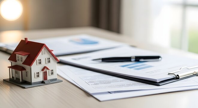 Model House and Financial Documents on Desk for Real Estate Investment.