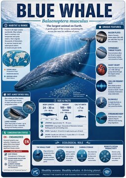 Blue whale facts and information about habitat, size, diet, and conservation status of Balaenoptera musculus in oceans