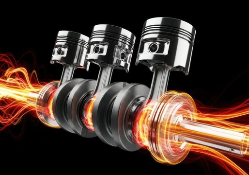 Three chrome pistons and connecting rods with a rotating crankshaft emitting orange and yellow energy trails against a