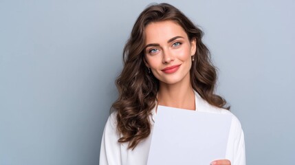 Naklejka premium Young woman with curly hair and blue eyes smiling and holding blank white paper, portrait on gray background with natural makeup and casual white shirt.