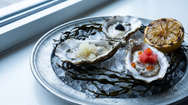 Raw Bar Three Of Kumamoto Oysters On The Half Shell On A Chilled Pewter Plate
