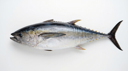 Obraz premium A whole, uncooked, fresh, vibrant, yellowfin tuna fish, captured from above and isolated against a crisp white background, ready for culinary preparation