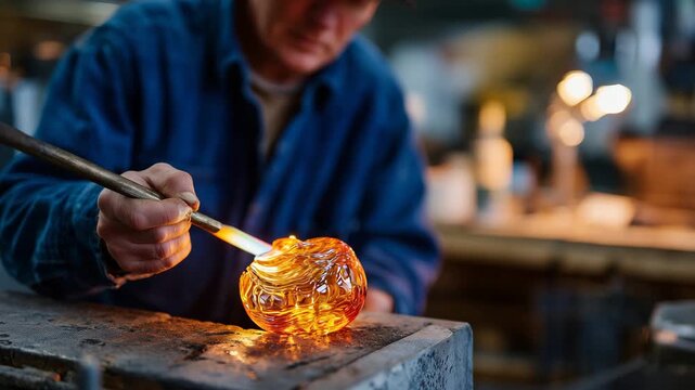 Master craftsperson shaping molten emerald glass on blowpipe, furnace glow illuminating workspace with amber radiance, artisan production studio during focused creation moment, ide