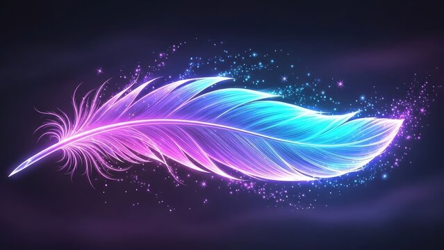 Abstract glowing feather in neon colors against dark background