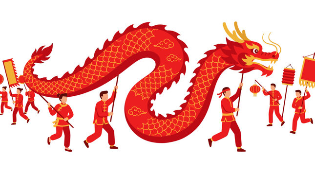 People in traditional clothing carry a large red dragon and lanterns in a festive procession