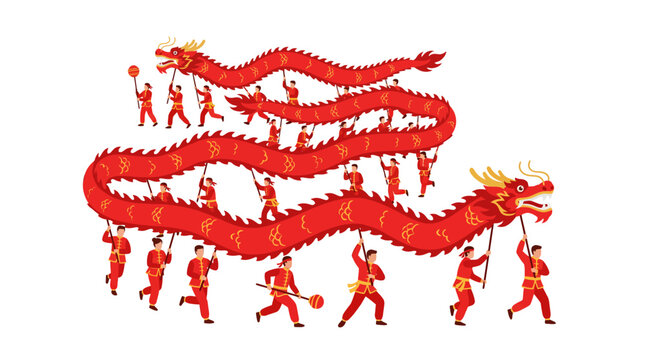 People in traditional clothing are performing a dragon dance with a long red dragon