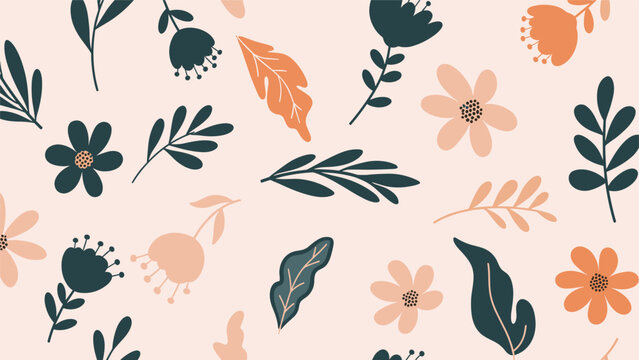 Charming seamless pattern of stylized flowers and leaves in muted tones of blue and peach arranged in a whimsical botanical layout.