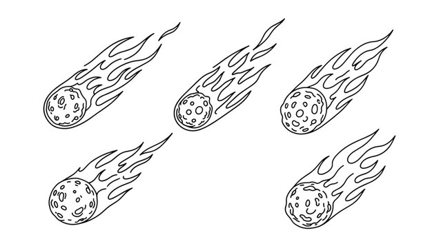 Collection of five burning meteor or comet sketches falling through the sky with flames and craters for space and science themed designs.