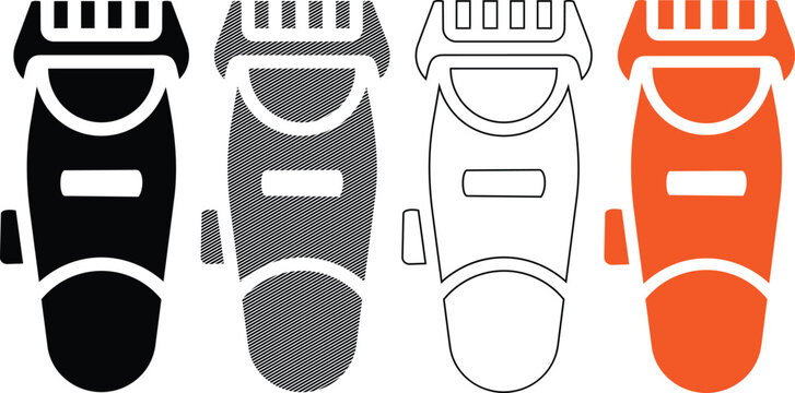 Electric hair clipper icon vector illustration set, modern grooming tool in black, orange, outline, and textured styles.