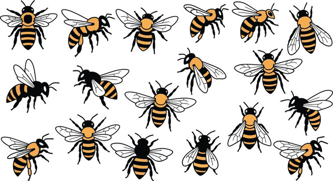 Collection of stylized honey bees in various poses, black and orange insect flying swarm