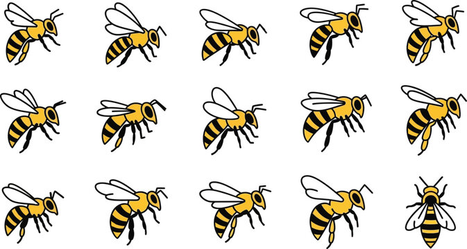 Fifteen cartoon bees with yellow and black stripes, flying in different directions insect