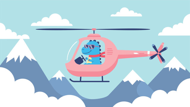 Playful blue dinosaur wearing sunglasses and a red scarf pilots a pink helicopter over majestic snow capped mountains and fluffy clouds.