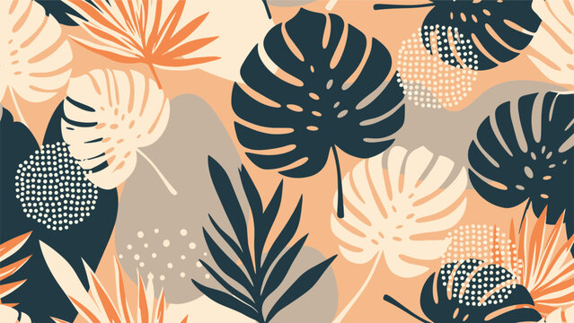 Stylish tropical pattern showcasing monstera and palm leaves with abstract dots and textures in a warm color palette.